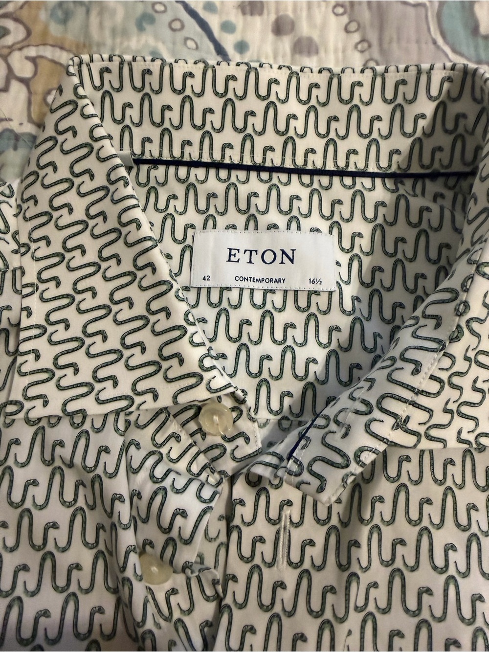 Eton Contemporary Men’s Cream Shirt with Green Pattern